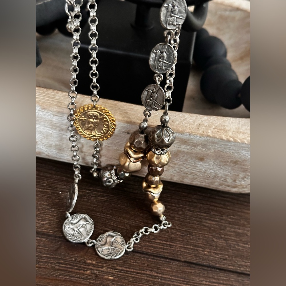 Necklace Silver and Gold Coin beaded two strand Necklace